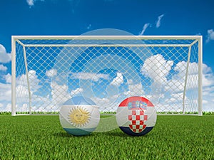 Footballs in flags colors on soccer field . Argentina with Croatia. 3d
