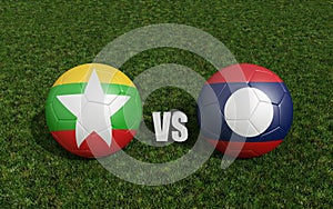 Footballs in flags colors on soccer field. Myanmar with Laos. 3d