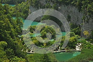 Footbridge and bridges in Plitvice Lakes National Park in Croatia. Holiday