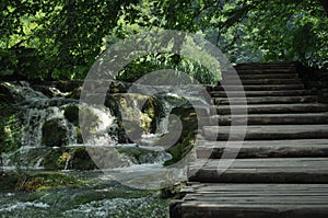 Footbridge and bridges in Plitvice Lakes National Park in Croatia.