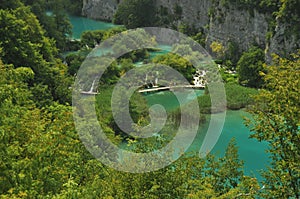 Footbridge and bridges in Plitvice Lakes National Park in Croatia.