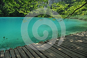 Footbridge and bridges in Plitvice Lakes National Park in Croatia.