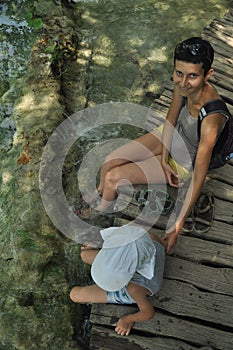 Footbridge and bridges in Plitvice Lakes National Park in Croatia. Holiday