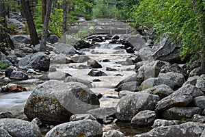 A footbridge crosses the creek at the Woodbine Campground in the Custer Gallatin National Forest, Montana, USA