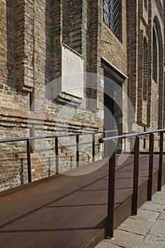 Footbridge entrance detail of La Misericordia building in Venice