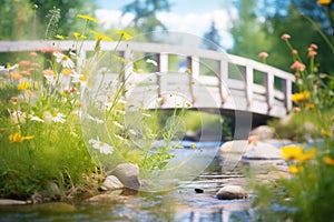 footbridge over creek with wildflowers on riverbanks