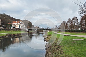 The footbridge over the Franconian Saale River in Bad Kissingen, Germany