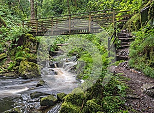 Footbridge over waterfalls on the River Esk