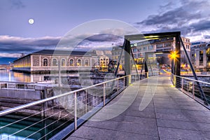 Footbridge on Seujet dam, Geneva, Switzerland, HDR