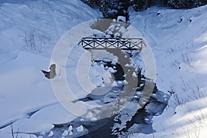 A footbridge in a snowy landscape