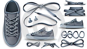 Footgear accessories, grey shoelaces mockup with eglets, ropes and decorative elements for sneakers on a white photo