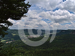 Foothills of low mountain range Swabian Alb with forests and villages Laufen and Lautlingen, both part of town Albstadt, Germany.