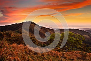 Foothills of Monteverde Cloud Forest Reserve, Costa Rica. Tropic mountains after sunset. Hills with beautiful orange sky with