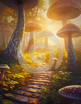 Footpath across a big mushroom forest with fungi growing tall as trees. Mysterious fairytale scene