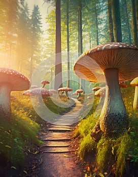 Footpath across a big mushroom forest. Mysterious fairytale scene