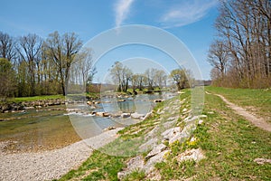 Footpath along Mangfall river, spring landscape