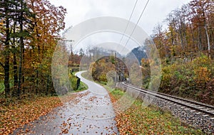 Footpath along railway with nobody during colorful autumn season