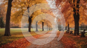 Footpath in the autumn park with colorful trees and leaves