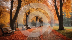 Footpath in the autumn park with colorful trees and leaves