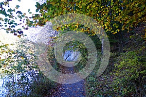 footpath by lake Alatsee near lake Ober See on a fine autmn day in Bad Faulenbach (Fuessen, Bavaria in Germany)