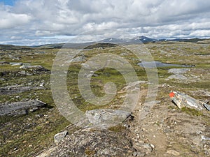 Footpath in northern artic landscape, tundra in Swedish Lapland with green hills, blue lakes and mountains at