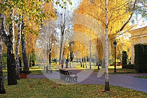 Footpath and park bench in colorful autumn park with unrecognizable walking people