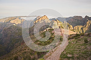 Footpath from Pico do Arieiro to Pico Ruivo mountain peak in Madeira island