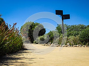 Footpath at a public park with signage pole surrounded by garden plants