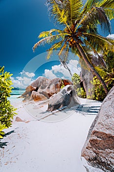 Footpath to tropical beach Anse Source d`Argent between granite rocks and palm trees, La Digue Island, Seychelles