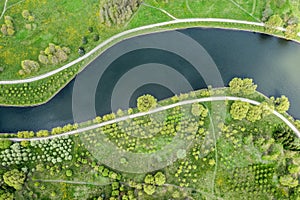 Footpaths curving through green grass on riverbank. summer park. aerial view photo