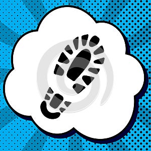 Footprint boot sign. Vector. Black icon in bubble on blue pop-art background with rays.. Illustration.