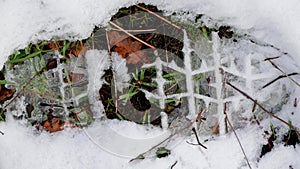 Footprint of a boot in thin snow, leaves and grass showing through the tread pattern