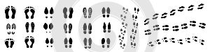 Footprint icon. Barefoot footprints, shoe prints. Collection of black symbols. Vector illustration