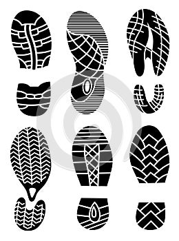 Footprint icons isolated on white background. Vector art. Collection of a imprint soles shoes. Footprint sport shoes big