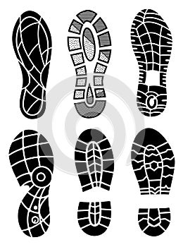 Footprint icons isolated on white background. Vector art. Collection of a imprint soles shoes. Footprint sport shoes big