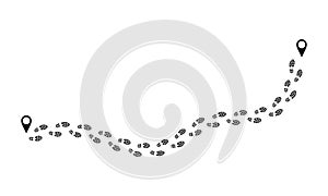 Footprint route. Human prints follow trail, funny people shoe steps, black footstep signs isolated on white. Vector foot