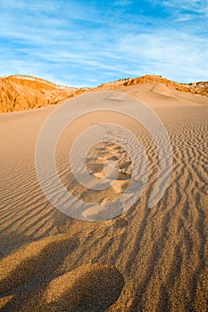 Footprint on a sand dune at Valle de la Muerte in the Atacama Desert photo