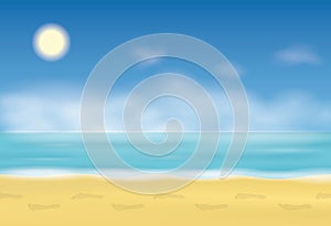 Footprint on the sand. Steps on the beach. Background with sea and blue sky. Vector illustration.