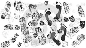 Footprint of shoes on the road, crowds of people, isolated silhouette vector