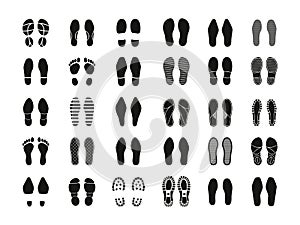 Footprint silhouette. Human footsteps shoe sole contour signs, people kids feet boots imprint for trail hiking trekking