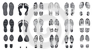 Footprint silhouettes. Barefoot, sneaker and shoes steps with dirt texture. Walking boot footprints, foot imprints