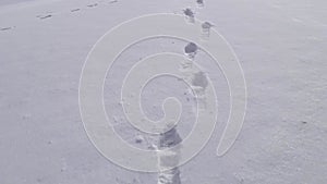 Footprint on the snow covered footpath in a public park