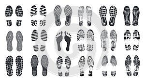 Footprint steps. Barefoot, sneaker and shoes footstep with grunge texture. Boot footprint stamps, foot imprints vector