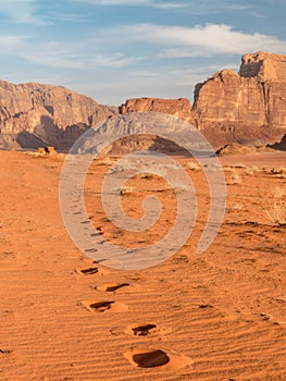 Footprint steps in sand, Wadi Rum desert, Jordan