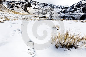 Footprint trace trail steps frozen lake, Condoriri snow mountain