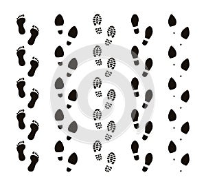 Footprint trails. Bare feet human footsteps, funny people foot steps, follow concept, black silhouettes. Vector