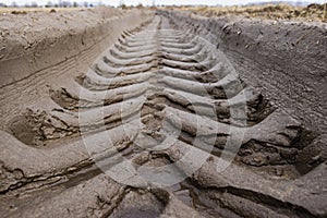 Footprint of wheel tread on the ground road. The trail from the tread of trucks wheels. Car tire tread imprint on sand, background