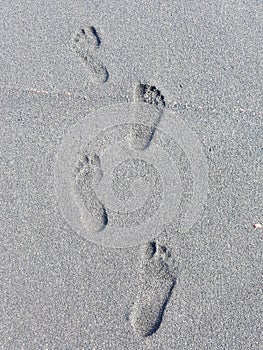 Footprints in the black sandy beach in Puerto de la Cruz in Teneriffe, Europe