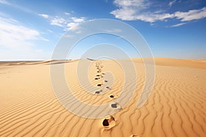 footprints in desert sand leading into the horizon
