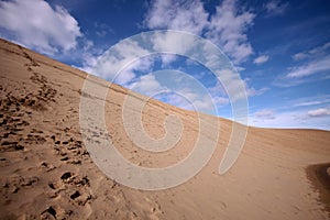 Footprints in desert under blue cloudy sky